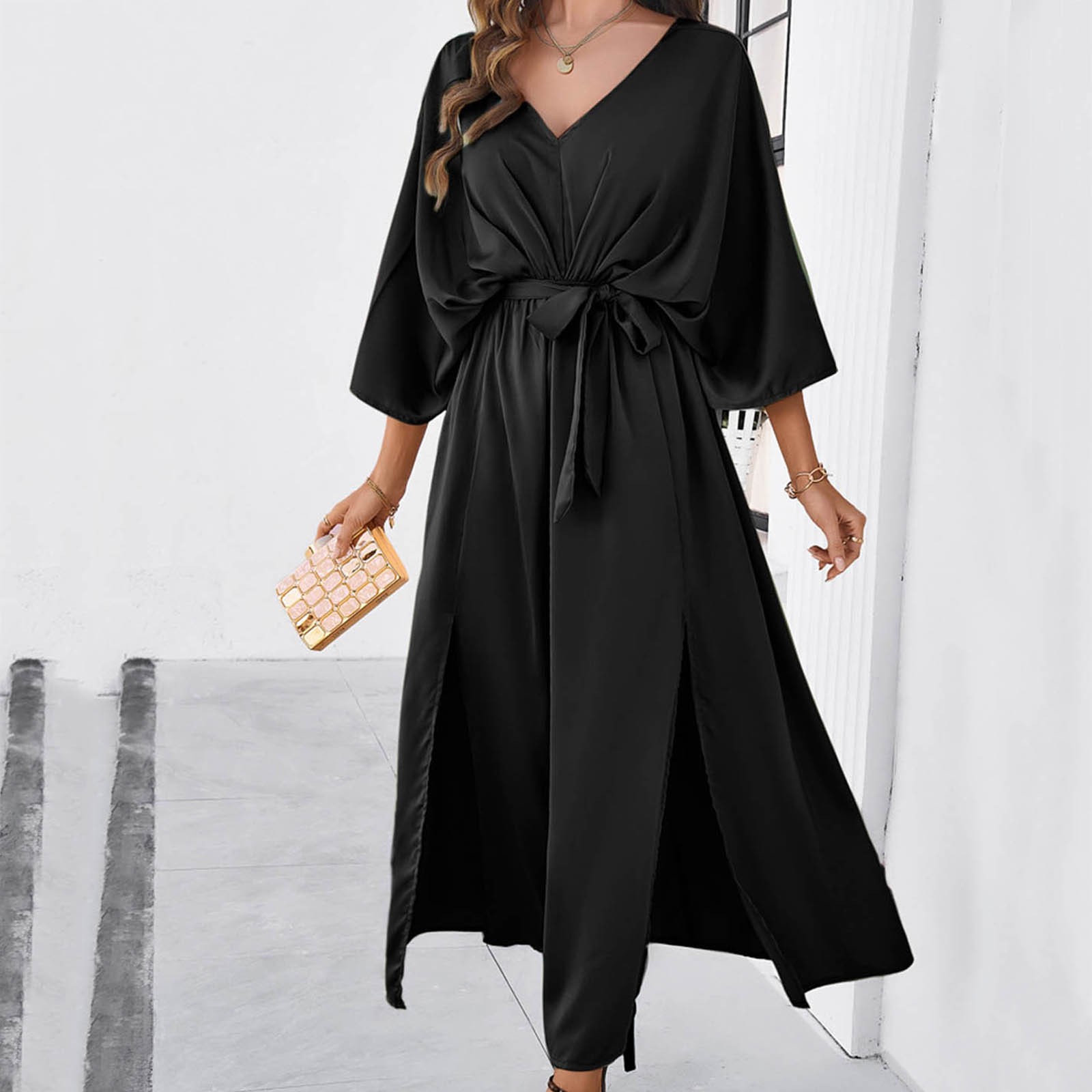 thumbnail image 4 of Vestido midi ajustado de color liso con cuello en V para mujer - Poliéster elástico, corte entallado favorecedor, adecuado para bodas y ocasiones formales, 4 of 7